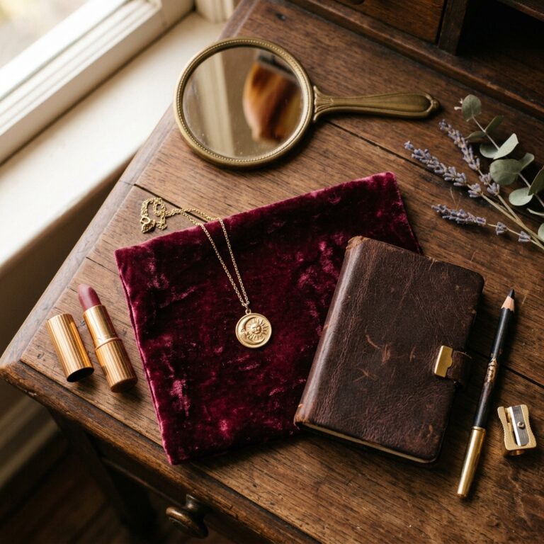 Everyday glamour magic tools on a wooden vanity: a sun-and-moon pendant on burgundy velvet, a lipstick, a kohl pencil, a hand mirror, and a closed leather notebook for recording spells