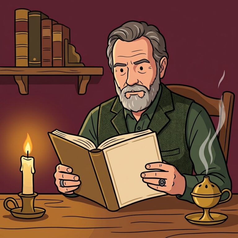 Cartoon illustration of David Rankine at a wooden desk reading an old almanac by candlelight, planning when to hold a May luck ritual