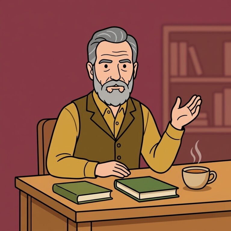 Cartoon of an author at a wooden desk explaining the Qliphoth and the shadow self, with two closed books and a cup of tea beside him