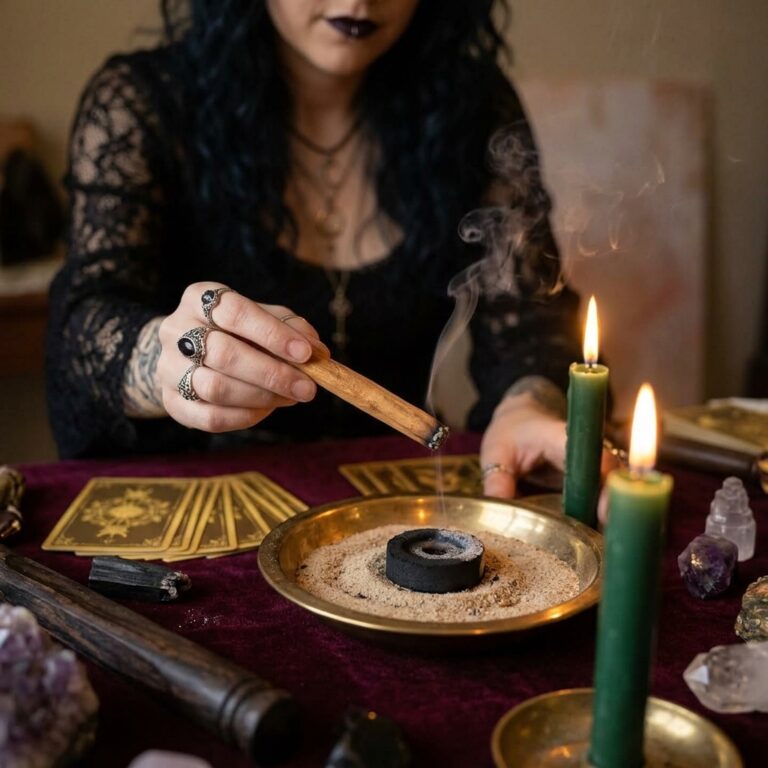 Madame Celestine holding a charred cinnamon stick over a charcoal disc in a sand-filled brass dish, with two green candles burning nearby