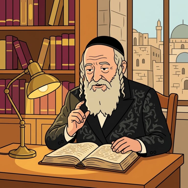 Cartoon illustration of Rabbi Yitzchak Meir at a lamplit desk with an open book, raising a hand as he explains the history of commitment symbols