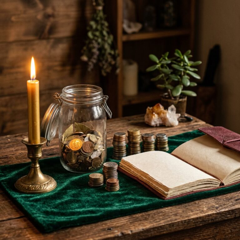 Prosperity altar with a lit gold candle, a jar of coins and bay leaves, small coin stacks on green velvet and a blank open notebook for tracking monthly goals
