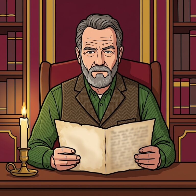 Cartoon illustration of author David Rankine at a candlelit desk in a library, reading an old handwritten manuscript page