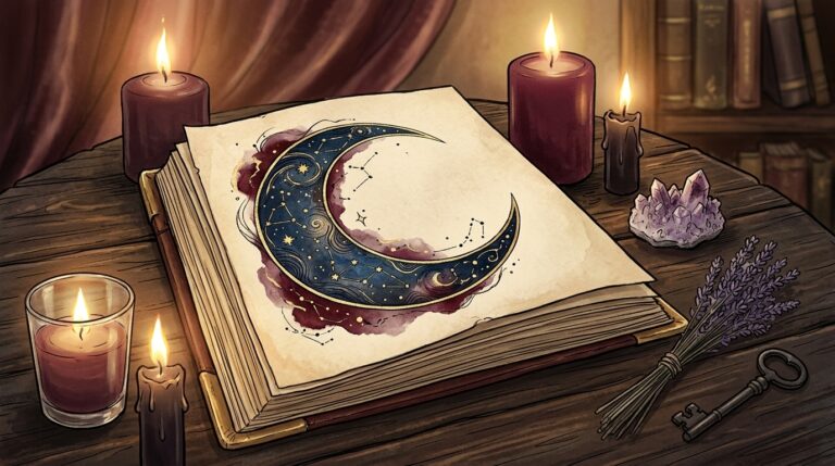 A hand-drawn illustration of a crescent moon and stars in an open grimoire beside candles