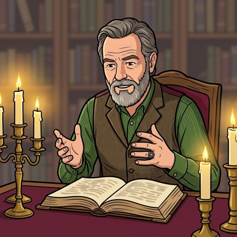 Cartoon illustration of author David Rankine at a candlelit desk, explaining a page from an open grimoire