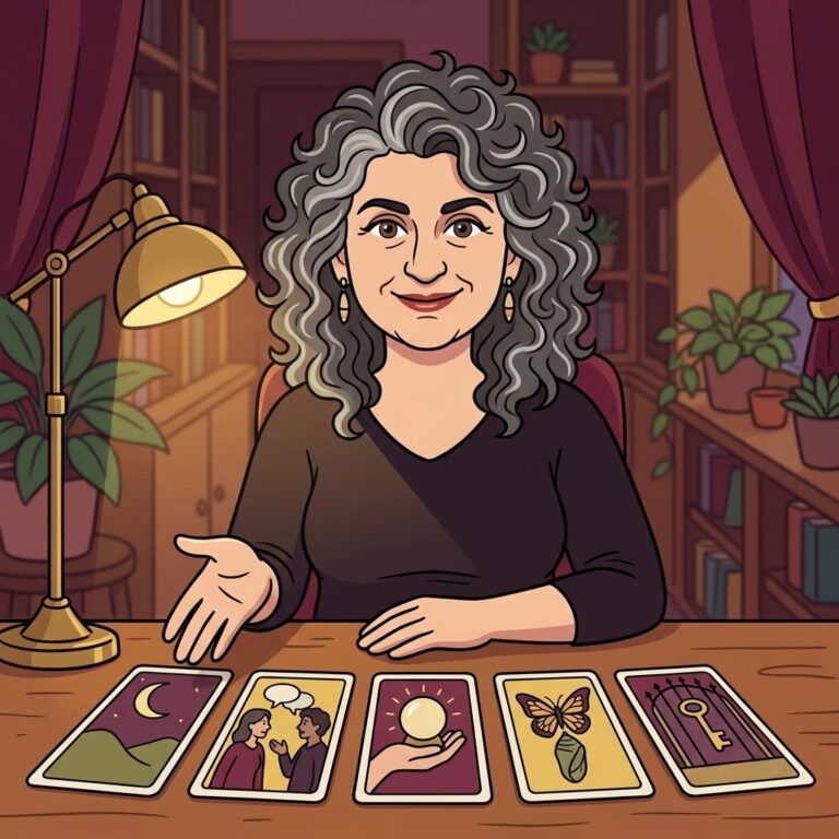 Cartoon illustration of author Laura T. Zakroff at a desk, gesturing toward five tarot cards laid in a row in front of her