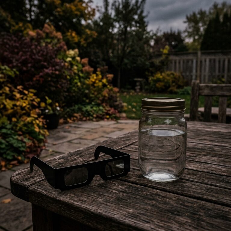 Plain black solar eclipse glasses beside a lidded jar of clear water on a weathered garden table under a dim sky, set out for solar eclipse water