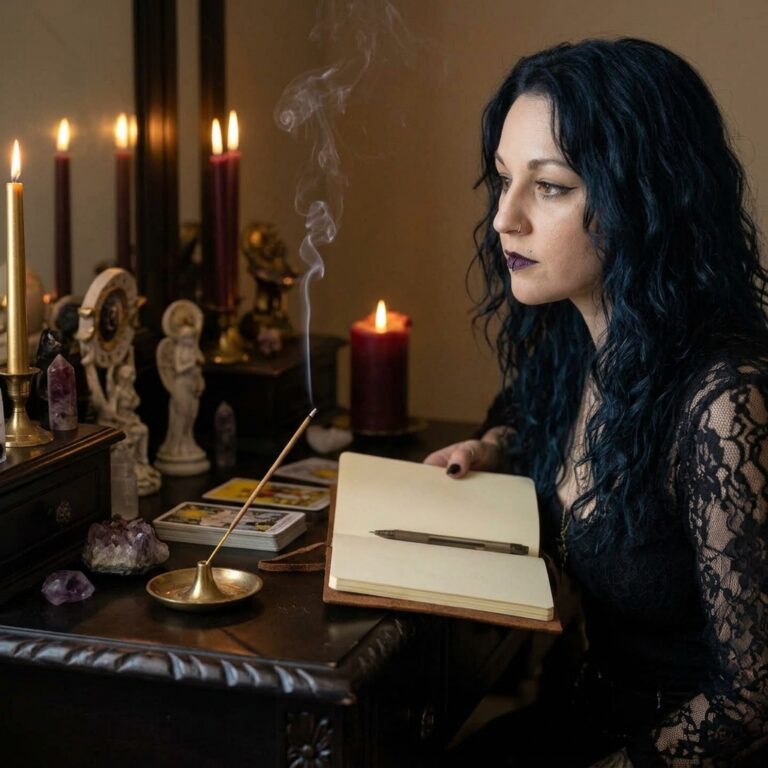 Madame Celestine seated at her candlelit altar beside a rising stick of incense, an open blank notebook and pen ready to record the smoke spiritual meaning she observes