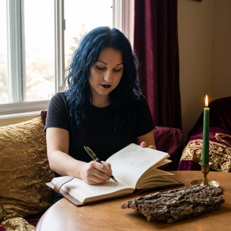 Madame Celestine writing in a journal by a sunlit window, with a lit green candle and a piece of tree bark on the table for a woodpecker listening ritual