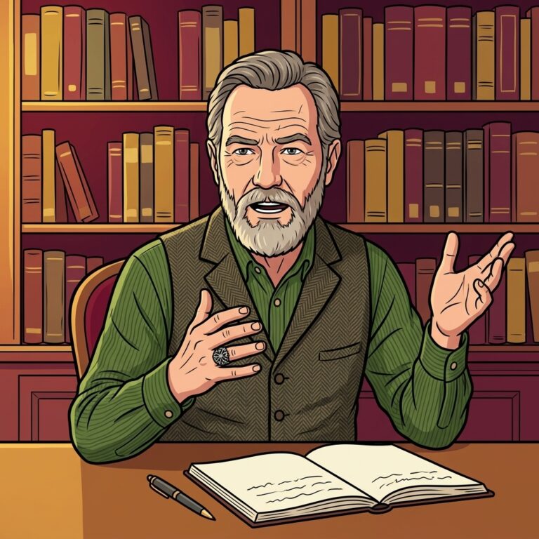 Cartoon illustration of David Rankine seated at a desk in front of full bookshelves, gesturing as he explains the kenaz rune meaning over an open notebook