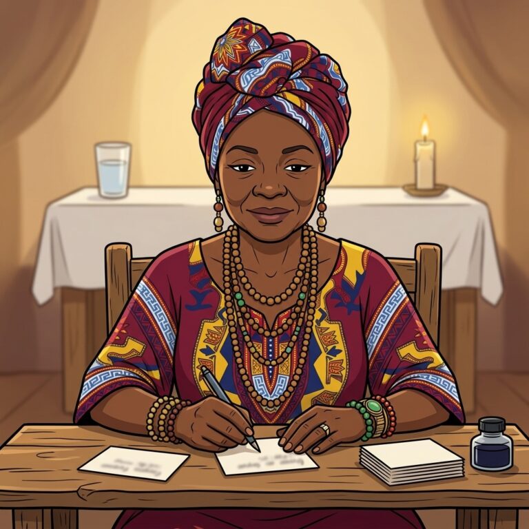 Cartoon illustration of Thakathi at a wooden desk writing ancestors' names on cards, with a white-draped ancestral altar holding a glass of water and a candle behind her