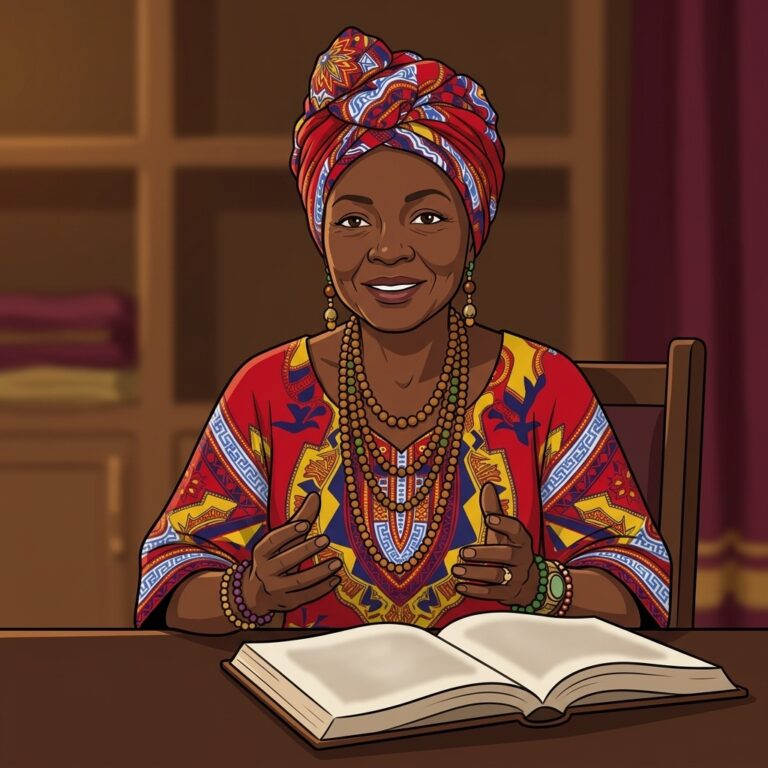 Cartoon illustration of Thakathi seated at a wooden desk with an open book, gesturing as she calmly explains spider god myths from Anansi to Arachne