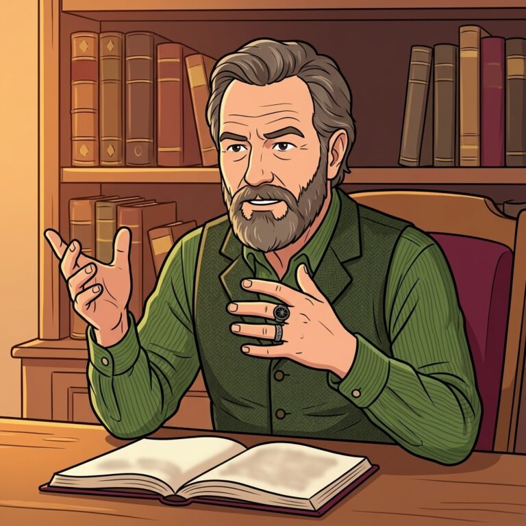 Cartoon illustration of David Rankine seated at a desk in front of bookshelves, gesturing as he explains the thurisaz rune meaning over an open notebook