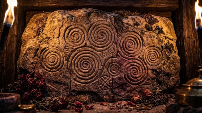 Ancient-style spiral petroglyphs etched into a weathered stone surface