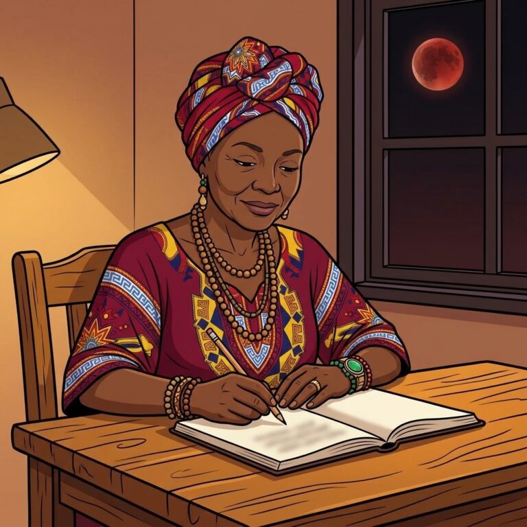 Cartoon illustration of Thakathi at a wooden desk by a window, writing in a notebook under a red blood moon, reflecting after an ancestor ritual