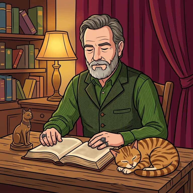 Cartoon of a bearded scholar reading an old book at a wooden desk, with a tabby cat asleep beside him and a small seated cat statue nearby