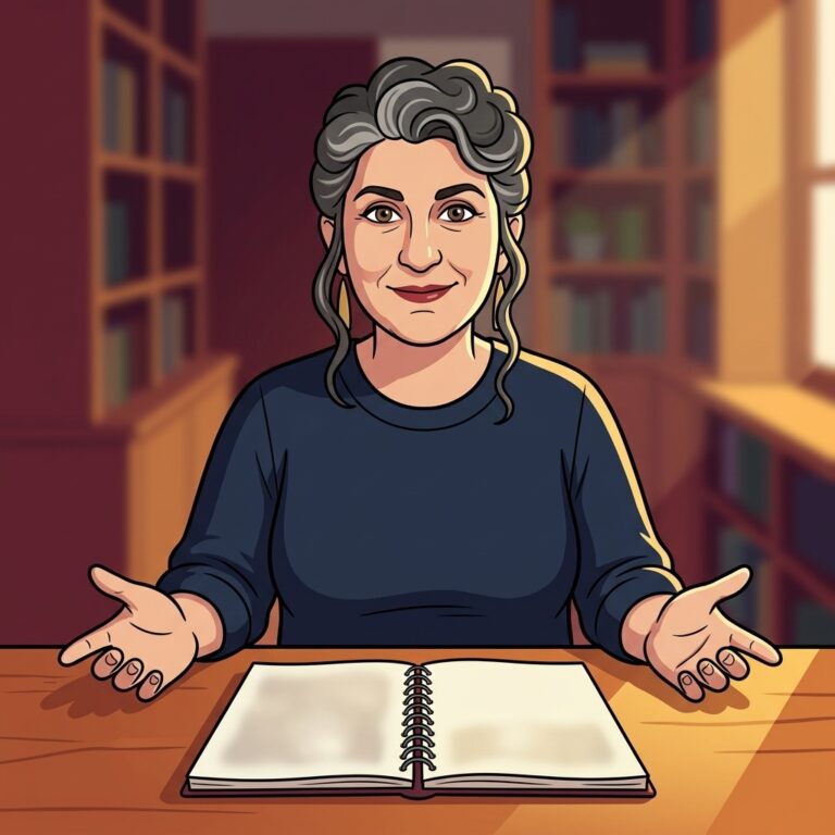 Cartoon illustration of Laura T. Zakroff seated at a wooden desk, explaining how to arrange an Aphrodite altar, gesturing openly over a softly blurred notebook