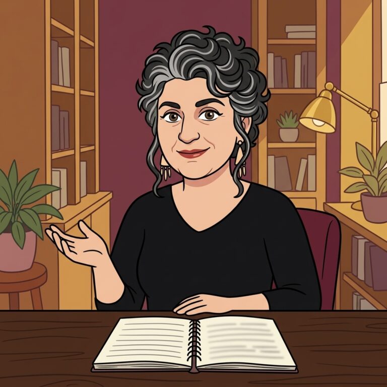 Cartoon illustration of Laura T. Zakroff at a wooden desk, gesturing as she explains Mercury magic and the god Mercury's role as messenger, with a softly blurred notebook in front of her