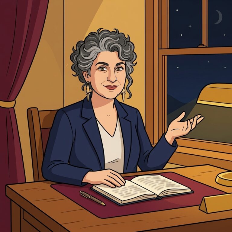 Cartoon illustration of Laura T. Zakroff at a wooden desk by a night window with a crescent moon, gesturing as she explains Hecate witchcraft and new moon traditions