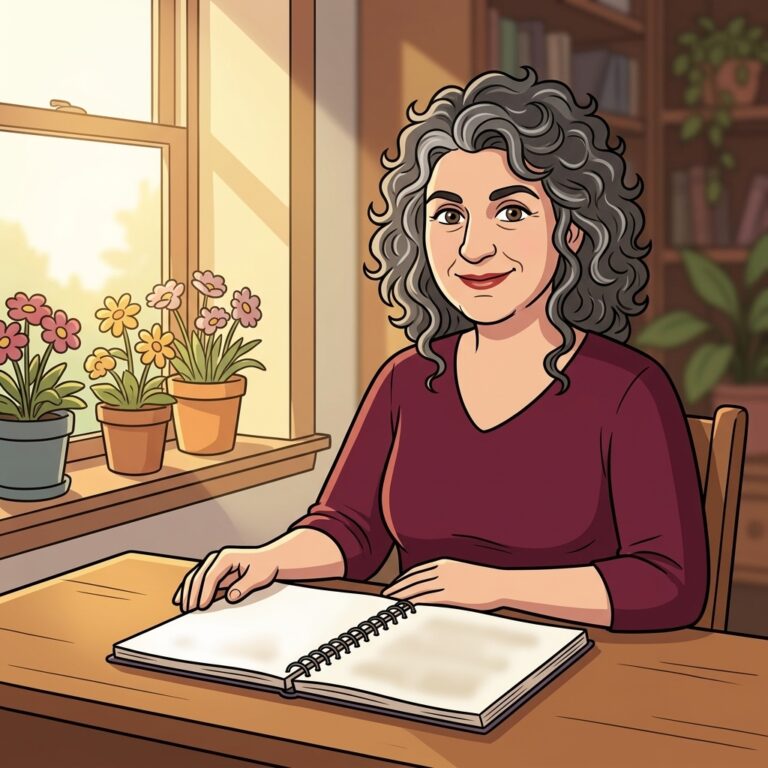 Cartoon illustration of Laura T. Zakroff at a wooden desk near a sunny window with flowers, calmly explaining bee mythology, with a notebook in front of her