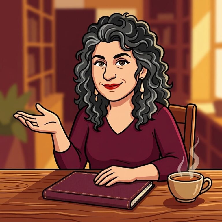 Cartoon illustration of Laura T. Zakroff at her desk explaining the guardian goddesses behind old pregnancy spells