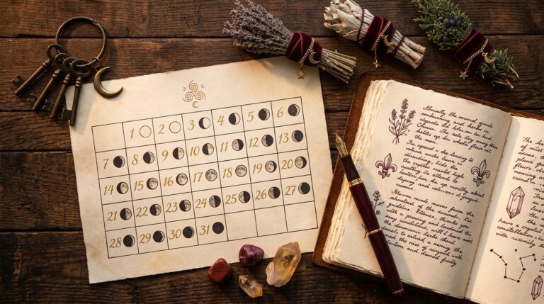 A moon phase calendar with dried herbs and a small notebook for spell planning
