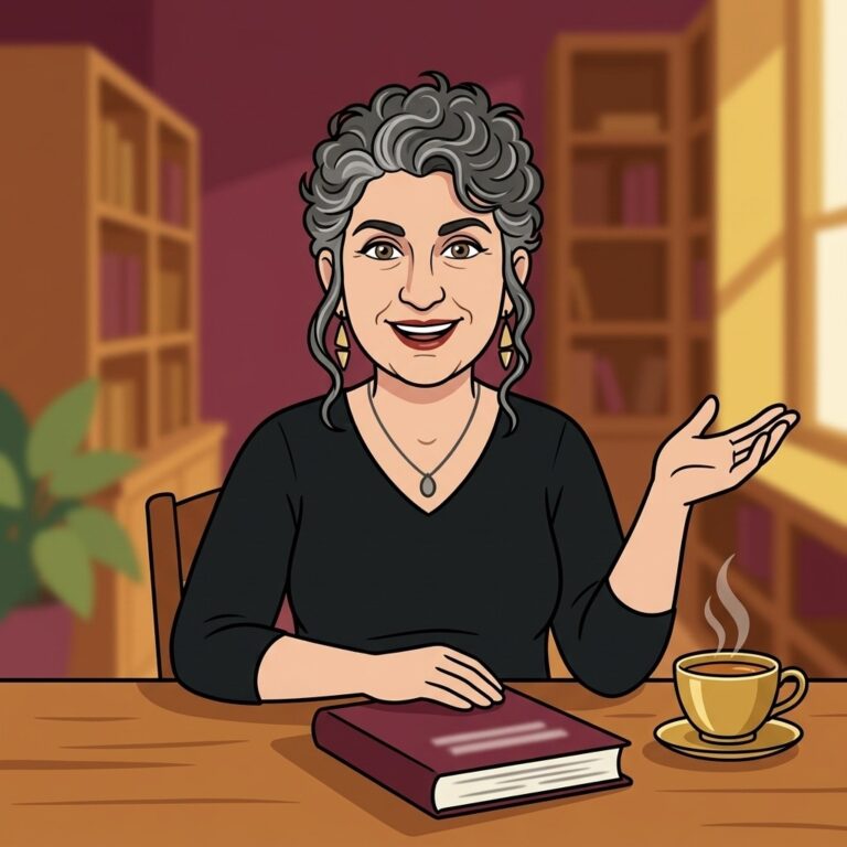 Cartoon illustration of Laura T. Zakroff at her desk explaining the folklore of protection herbs