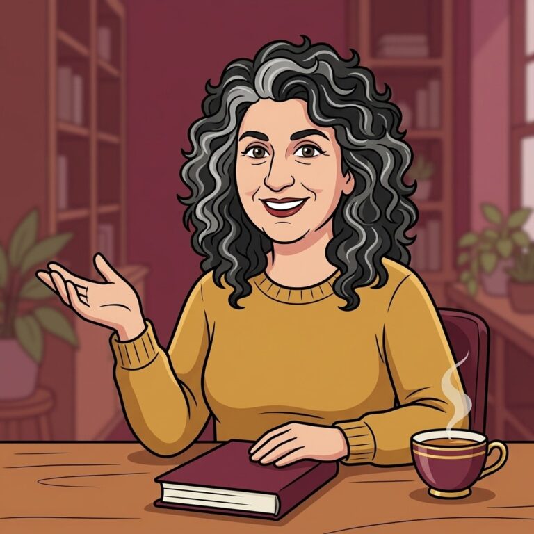Cartoon illustration of Laura T. Zakroff at her desk explaining easy spells for beginners
