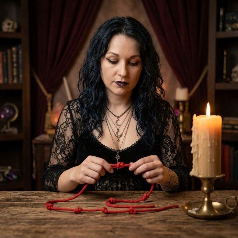 Madame Celestine at a candlelit table with her hands on one knot of a red cord tied with several knots, the moment of release in a knot spell