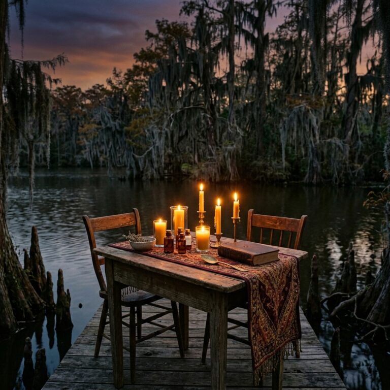 Candlelit table on a wooden dock in a Louisiana bayou at dusk, with cypress trees and Spanish moss behind it, the setting of the rougarou legend