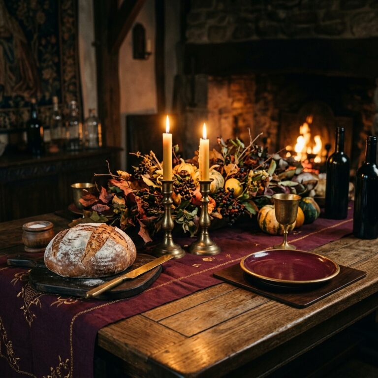 Harvest table with a round loaf, two lit candles and an empty plate set aside on a burgundy runner, a simple way to celebrate Mabon in Mabon colors