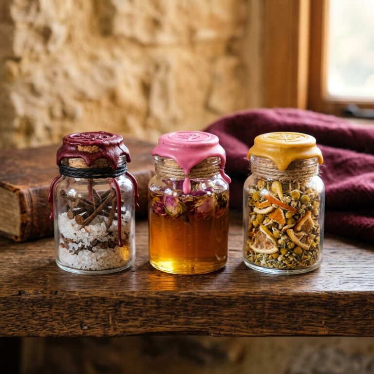 Three wax-sealed glass spell jars in a row, one with salt and nails, one with honey and rosebuds and one with dried citrus peel and chamomile, showing how to make a spell jar for protection, love and happiness