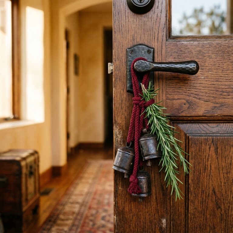 Three small iron witch bells tied with deep red cord and a sprig of rosemary, hanging from the inside lever handle of a wooden front door