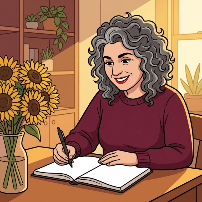 Cartoon illustration of Laura T. Zakroff writing at a desk beside sunflowers, studying the Norse, Baltic and Japanese sun goddesses