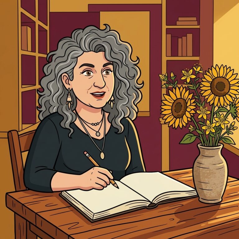Cartoon illustration of Laura T. Zakroff at a desk with an open notebook, explaining Litha symbols beside a vase of sunflowers and St John's wort