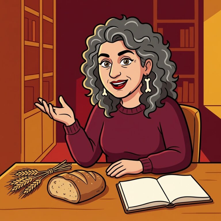 Cartoon illustration of Laura T. Zakroff at a desk explaining Lammas symbols, with a small bundle of wheat and a loaf of bread beside an open notebook