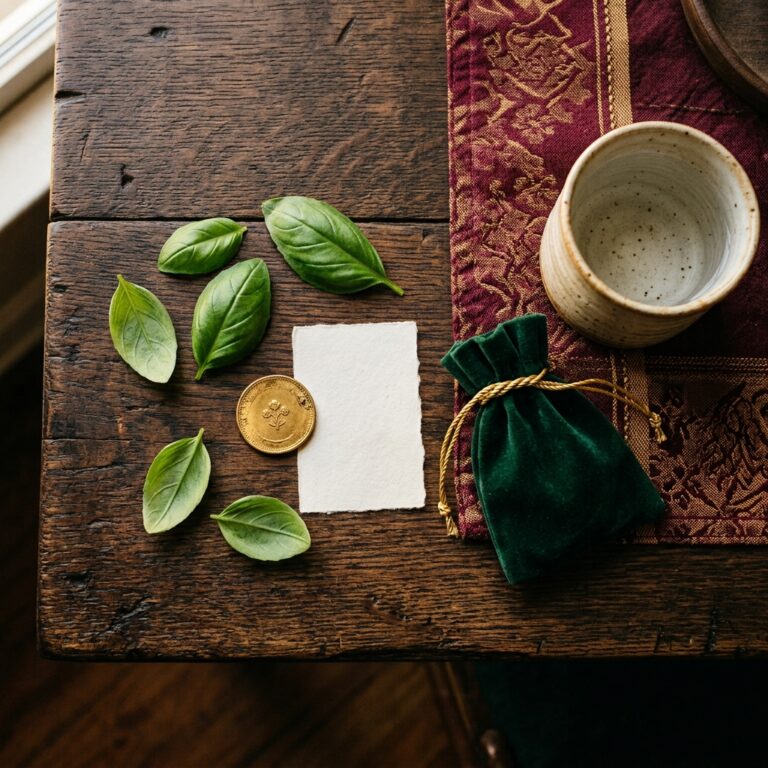 Fresh basil leaves, a coin and a small green cloth pouch arranged on a wooden table, ready for a basil money spell