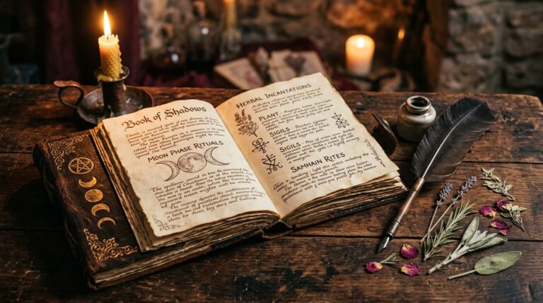 An open handwritten Book of Shadows journal with pressed herbs and a quill pen beside it
