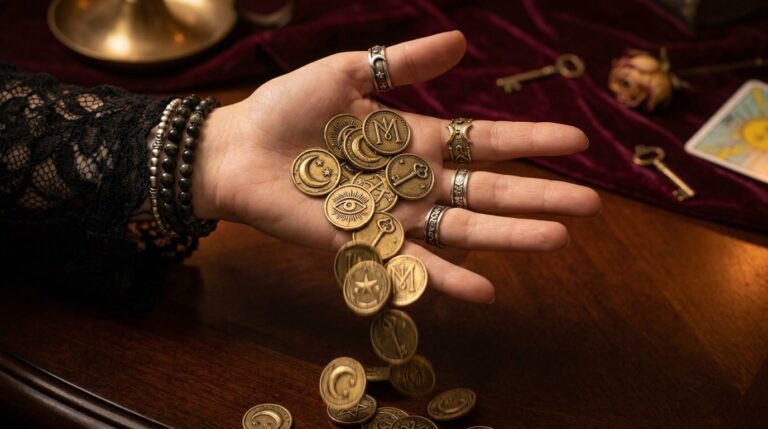 Coins flowing from an open hand rather than clenched in a closed fist