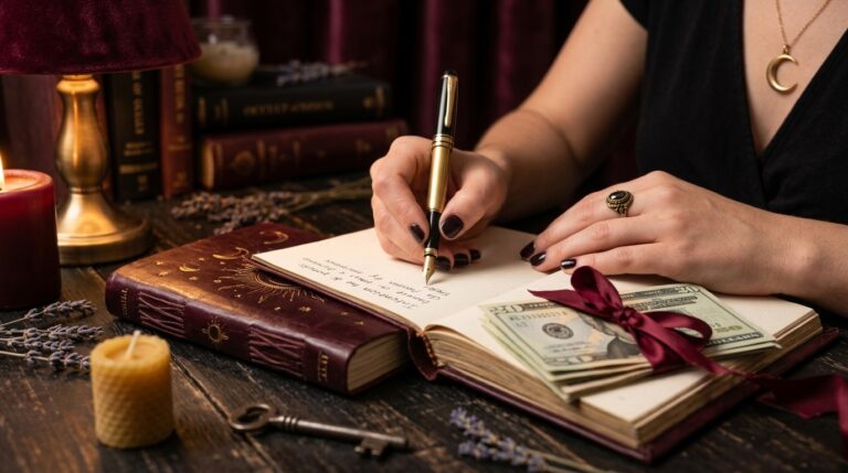 A person's hands writing an intention in a leather journal next to folded currency