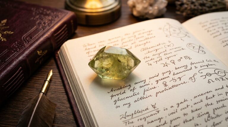 A green citrine stone resting on an open journal page with handwritten notes