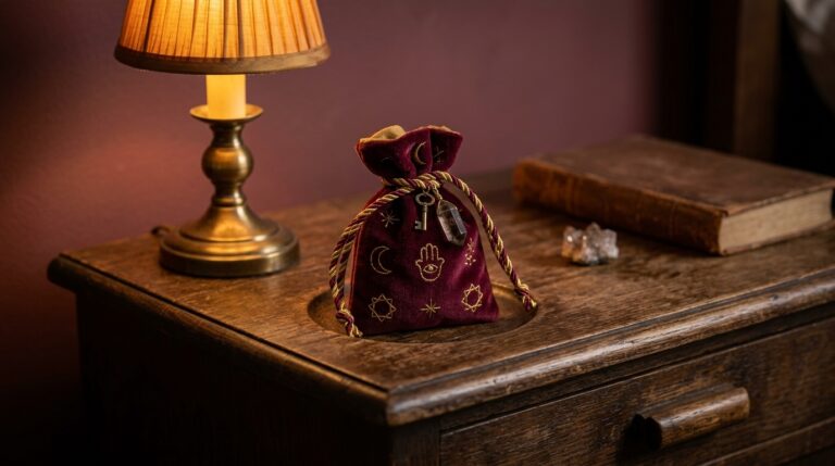 A small protective charm bag resting on a nightstand beside a dim lamp