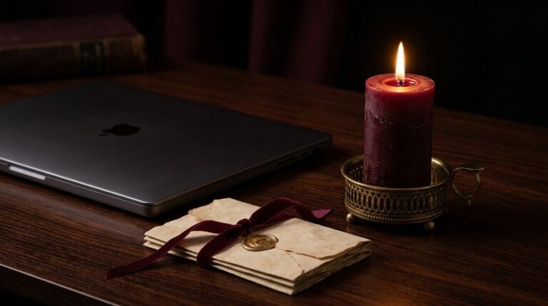 A single lit candle beside a laptop and folded notes on a desk