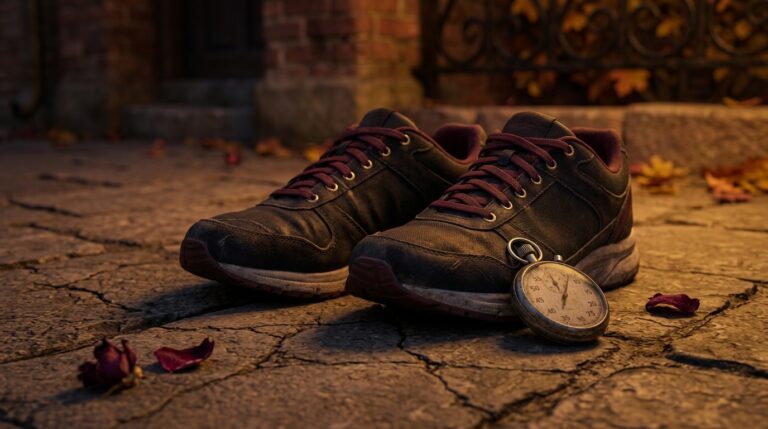 A worn pair of running shoes beside a stopwatch on pavement