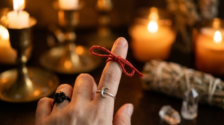 A red string tied loosely around a finger as a reminder