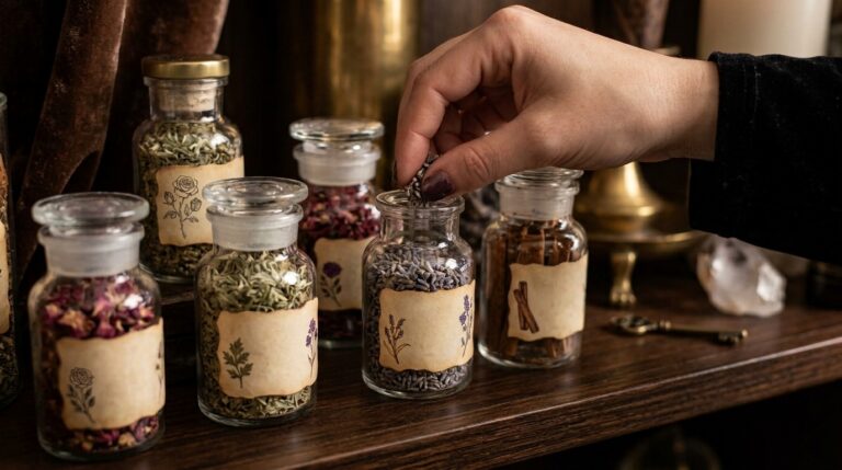 A hand carefully selecting herbs from several small labeled jars