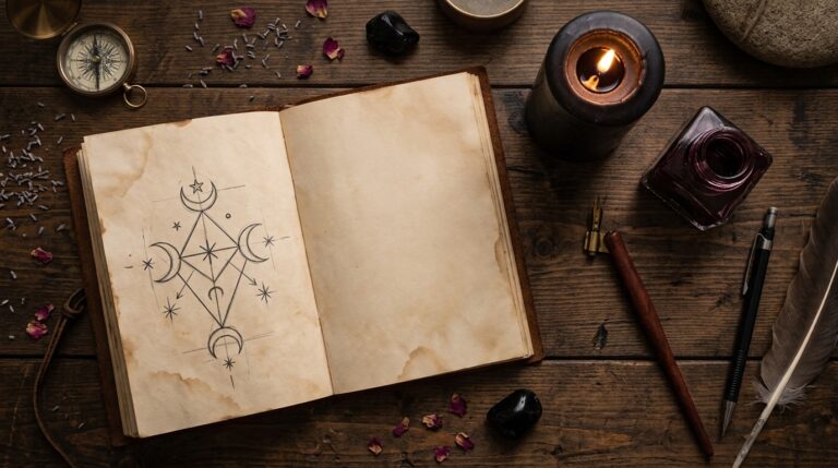 Open ritual journal with symbolic marks, candle, and burgundy fabric