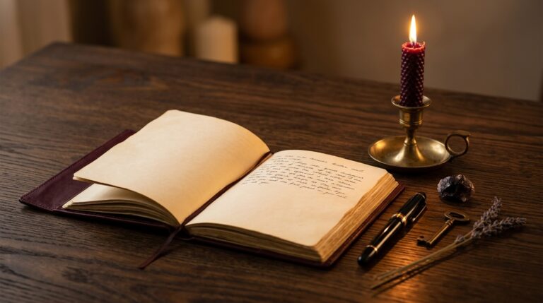 A quiet open journal beside a single candle and pen, suggesting private reflection