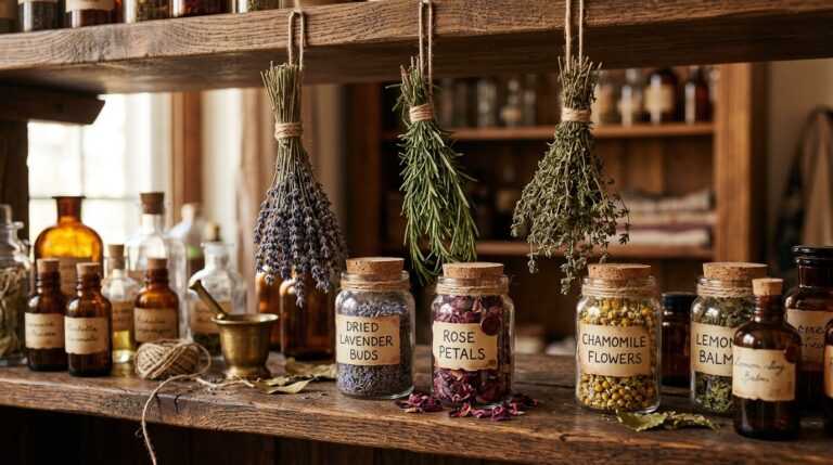 Close-up of dried herbs bundled together and labeled jars of botanicals on a shelf, warm lighting