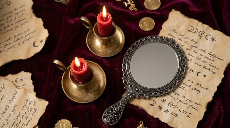 Close-up flat lay of ritual tools including red candles, a small mirror, and handwritten notes on burgundy fabric